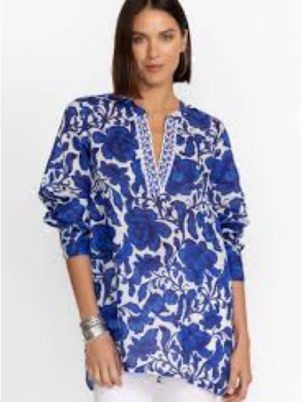 Johnny Was Blue & White Floral V-Neck Tunic